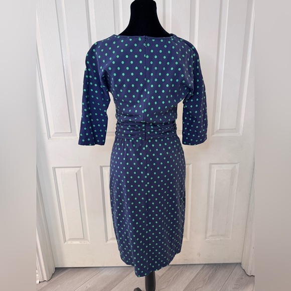 J Peterman Dress Sz 10 Faux Wrap Zip Back Ruching Blue Polka Dots V Neck Party - Picture 3 of 8